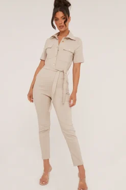 Rebellious Fashion Beige Button Up Front Utility Jumpsuit - Crystal