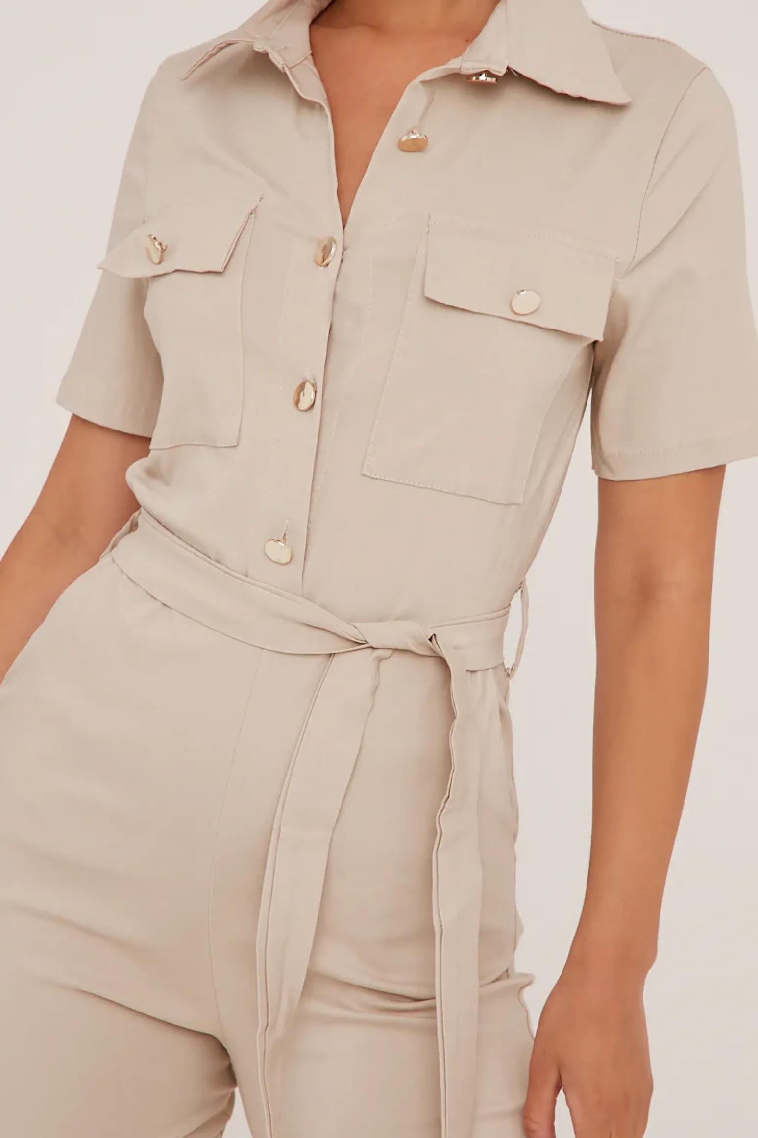 Rebellious Fashion Beige Button Up Front Utility Jumpsuit - Crystal
