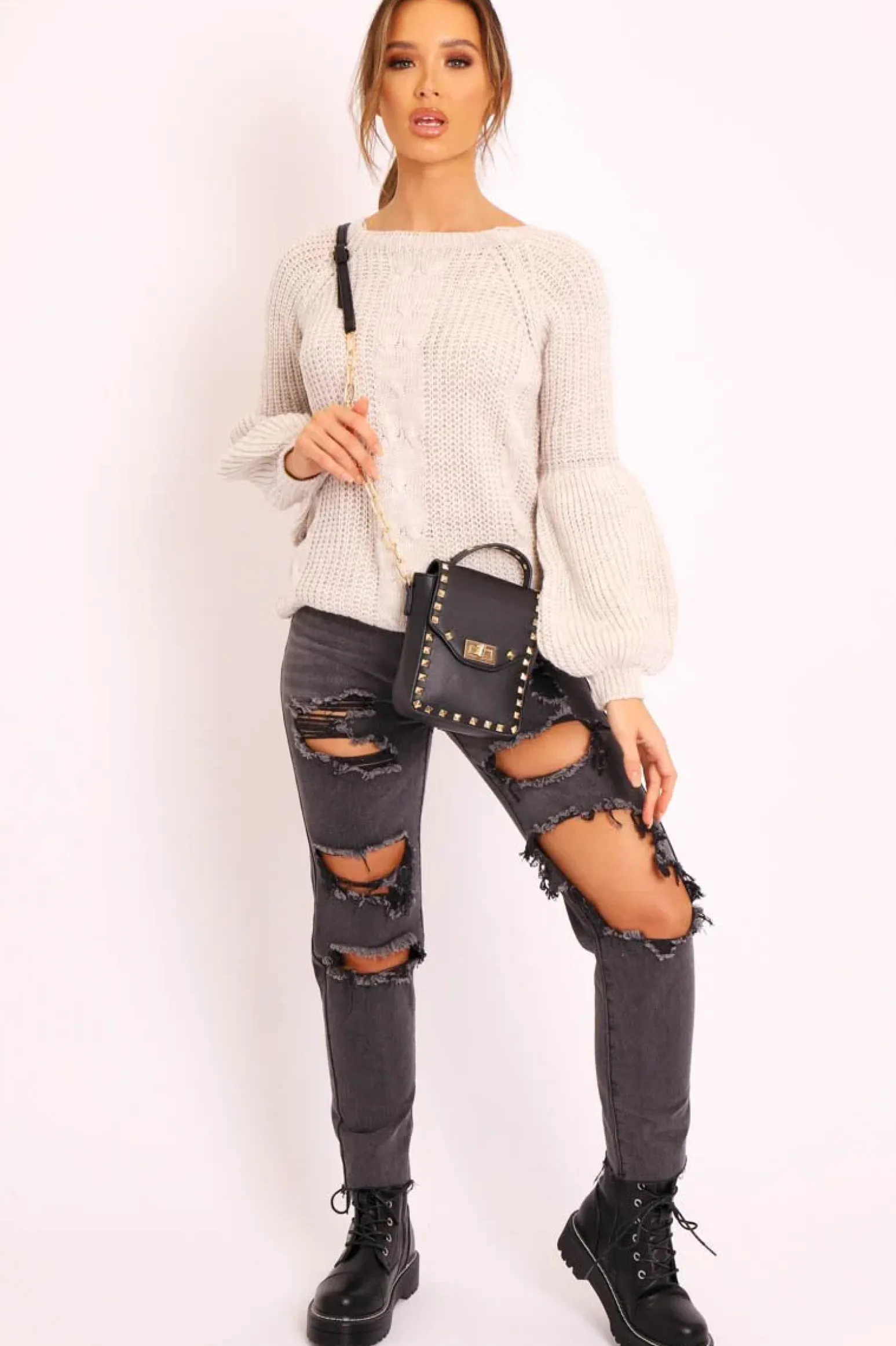 Rebellious Fashion Beige Cable Knit Balloon Sleeve Jumper - Elicia