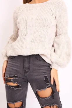 Rebellious Fashion Beige Cable Knit Balloon Sleeve Jumper - Elicia