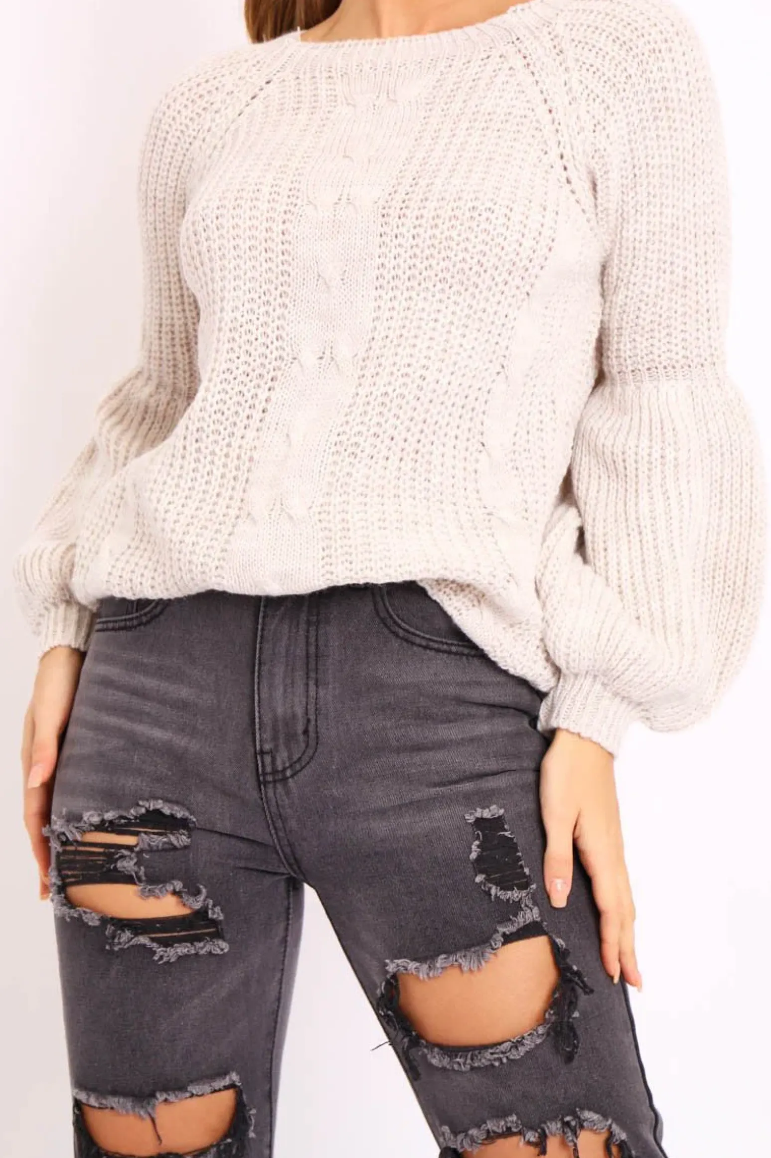 Rebellious Fashion Beige Cable Knit Balloon Sleeve Jumper - Elicia