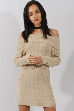 Rebellious Fashion Beige Cable Knit Bardot Dress - Peeta
