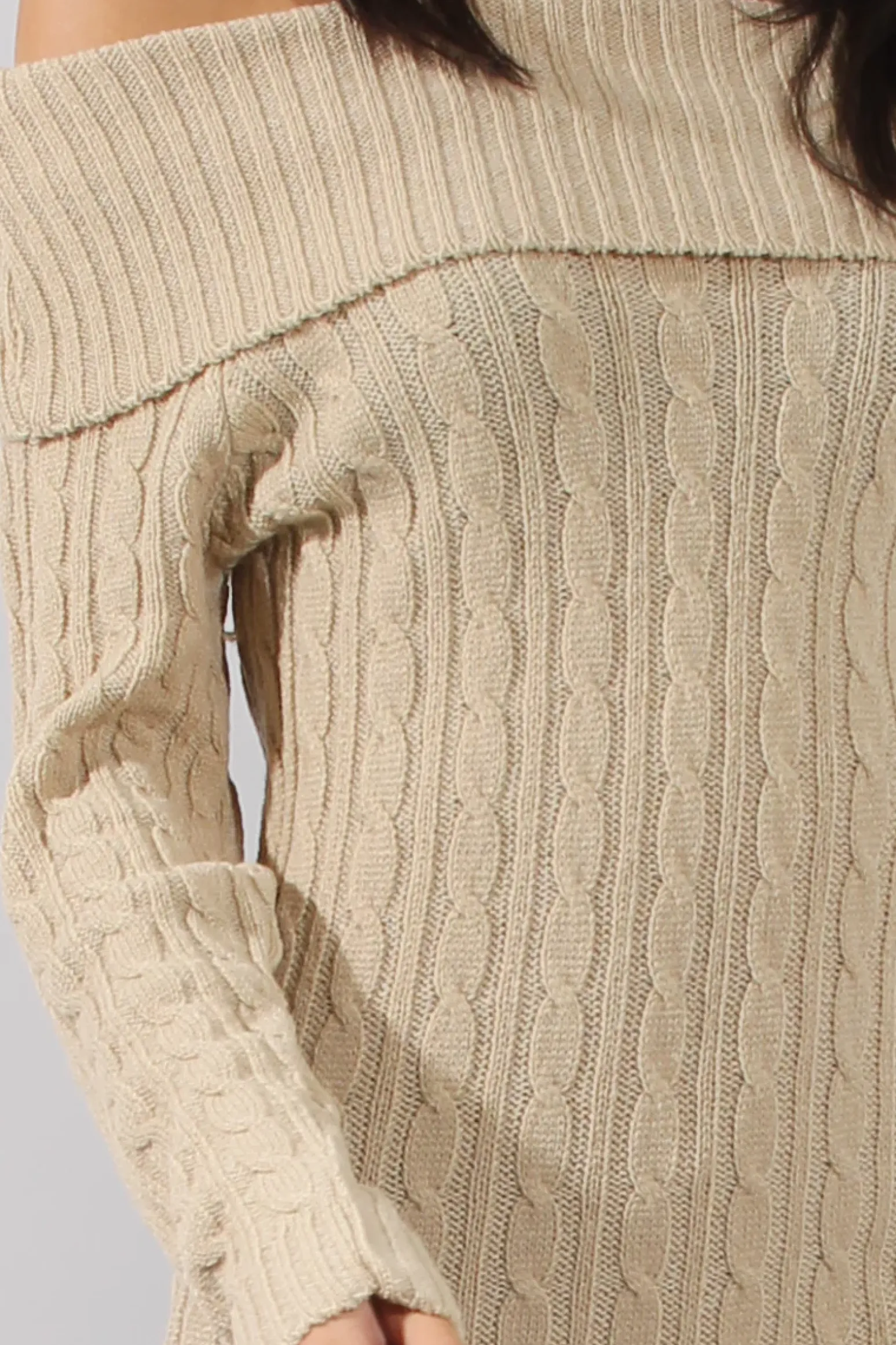 Rebellious Fashion Beige Cable Knit Bardot Dress - Peeta