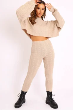 Rebellious Fashion Beige Cable Knit Batwing Jumper Loungewear Set - Janea