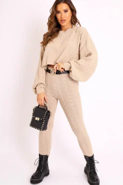 Rebellious Fashion Beige Cable Knit Batwing Jumper Loungewear Set - Janea