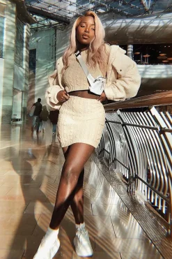 Rebellious Fashion Beige Cable Knit Crop Top And Skirt Co-ord - Galiana