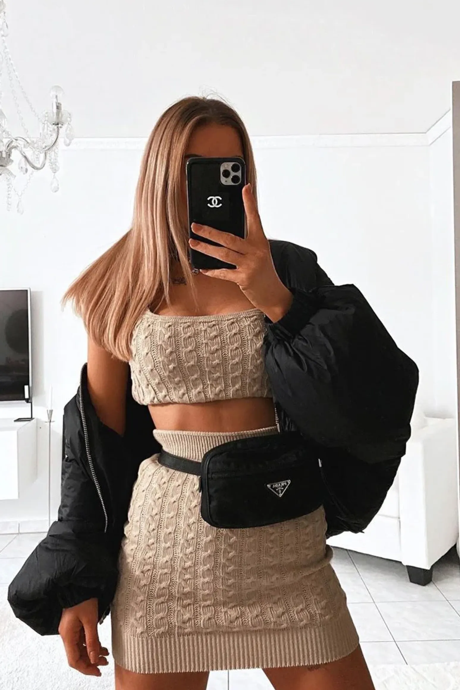 Rebellious Fashion Beige Cable Knit Crop Top Skirt Co-ord - Vennie