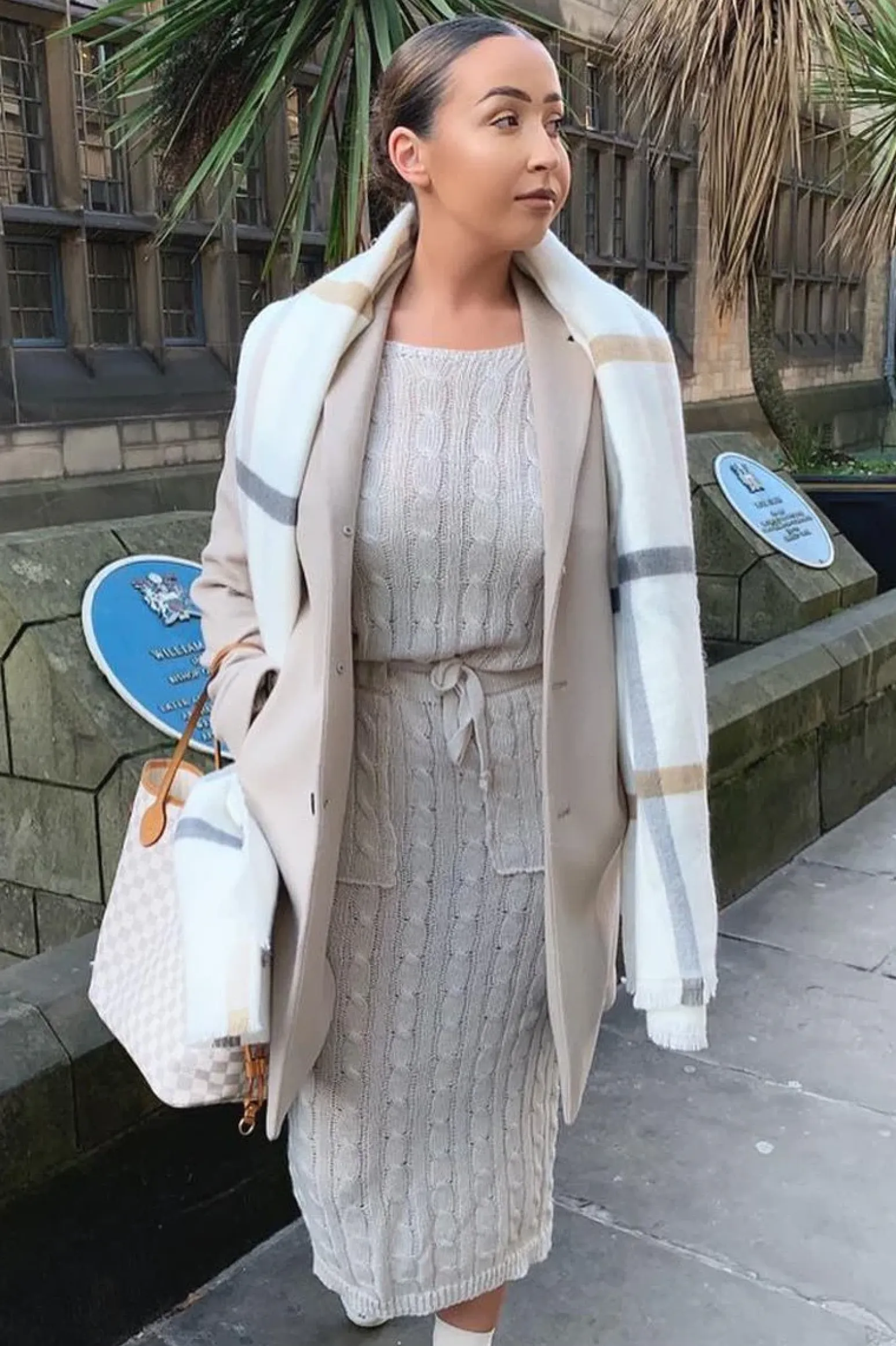 Rebellious Fashion Beige Cable Knit Drawstring Waist Dress - Rhea