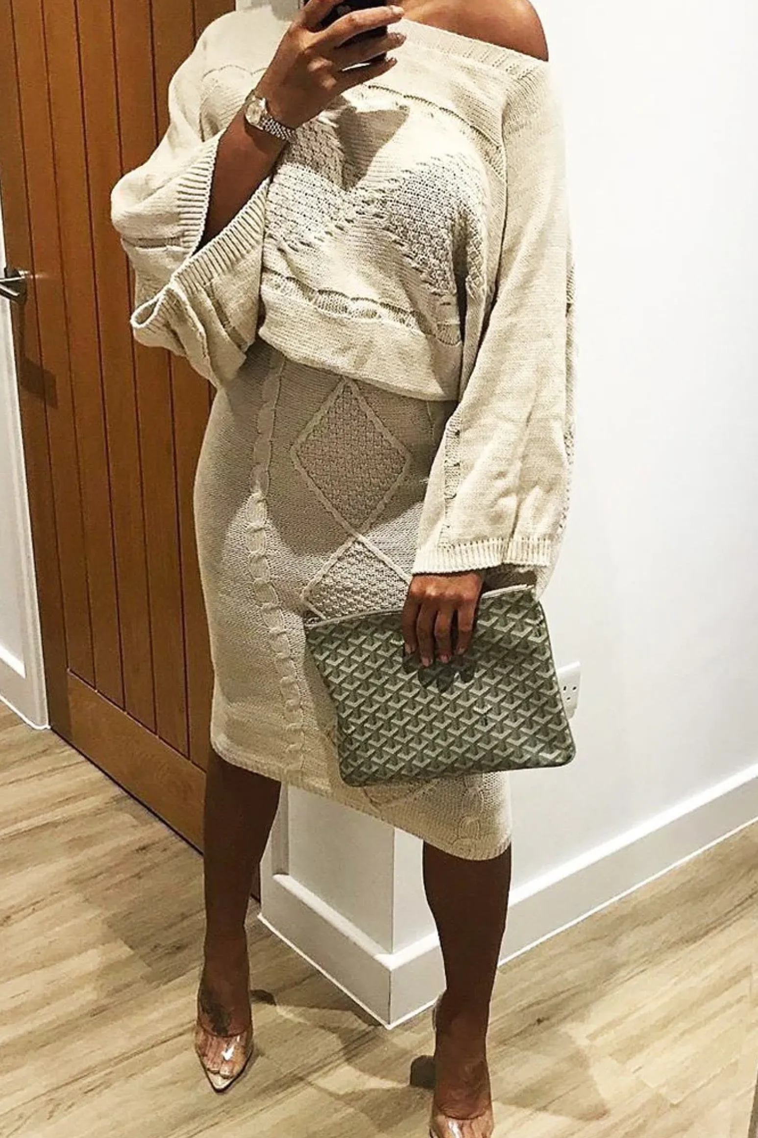 Rebellious Fashion Beige Cable Knit Jumper Midi Skirt Co-Ord - Mahari
