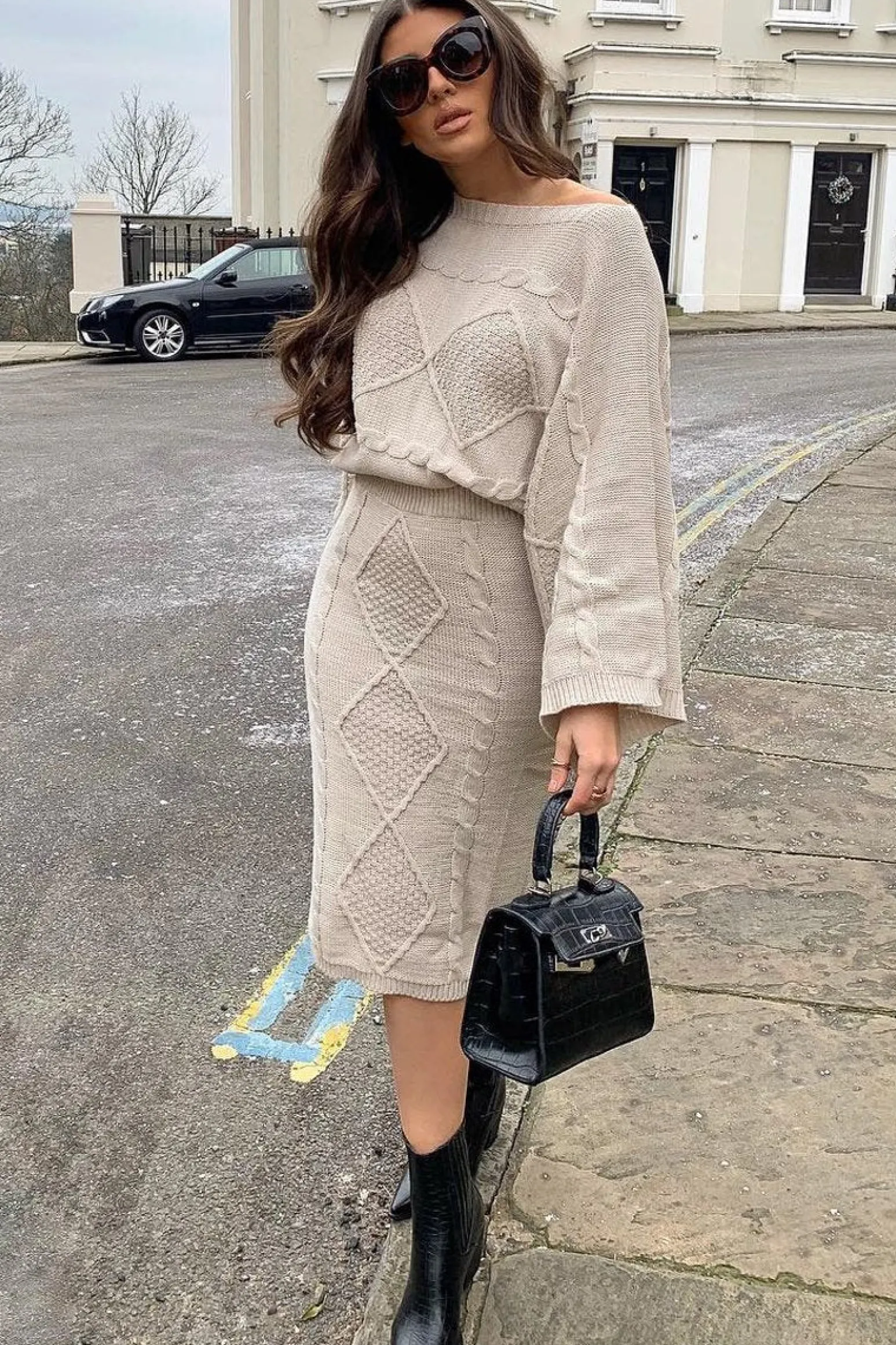 Rebellious Fashion Beige Cable Knit Jumper Midi Skirt Co-Ord - Mahari