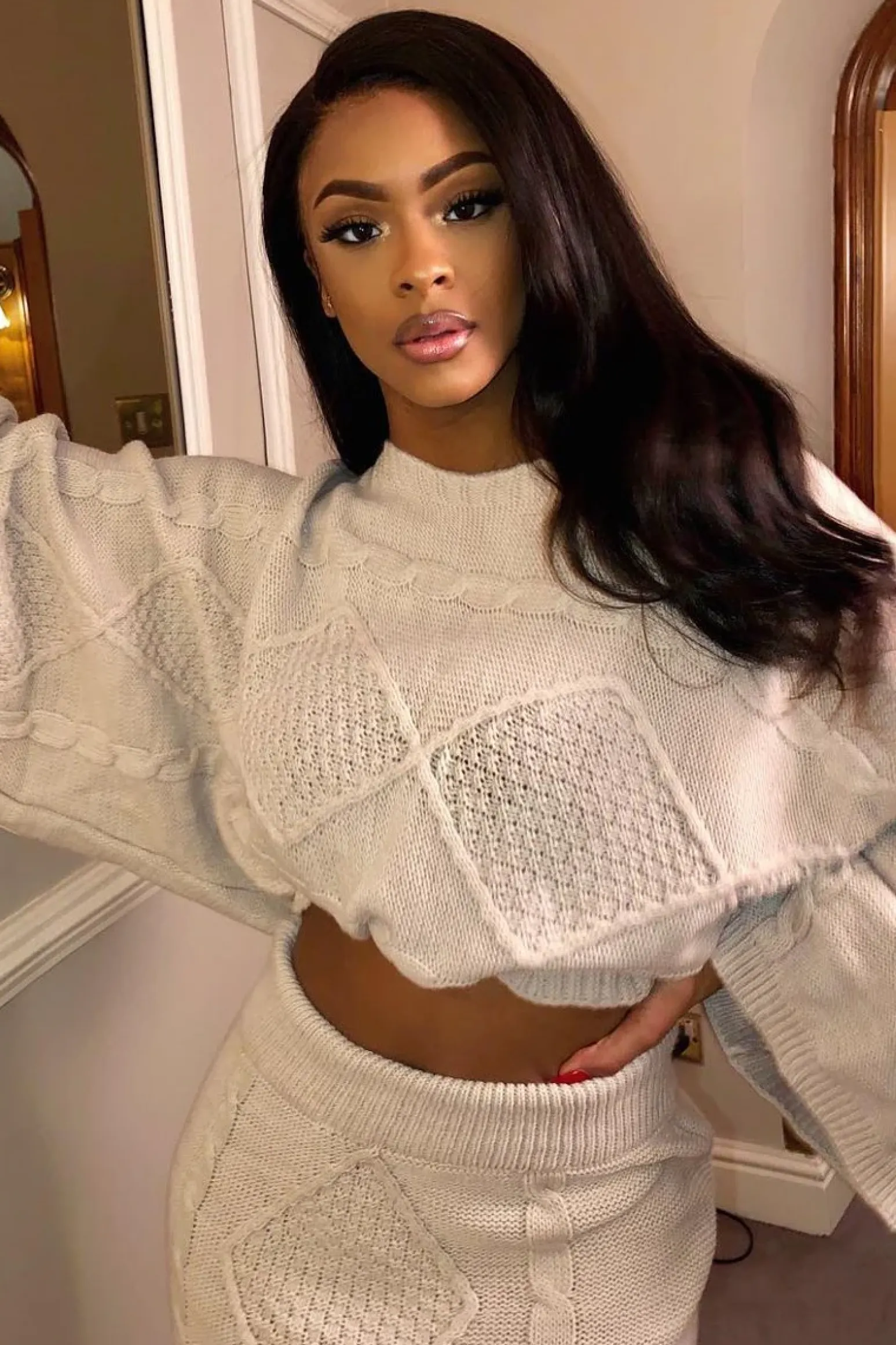 Rebellious Fashion Beige Cable Knit Jumper Midi Skirt Co-Ord - Mahari