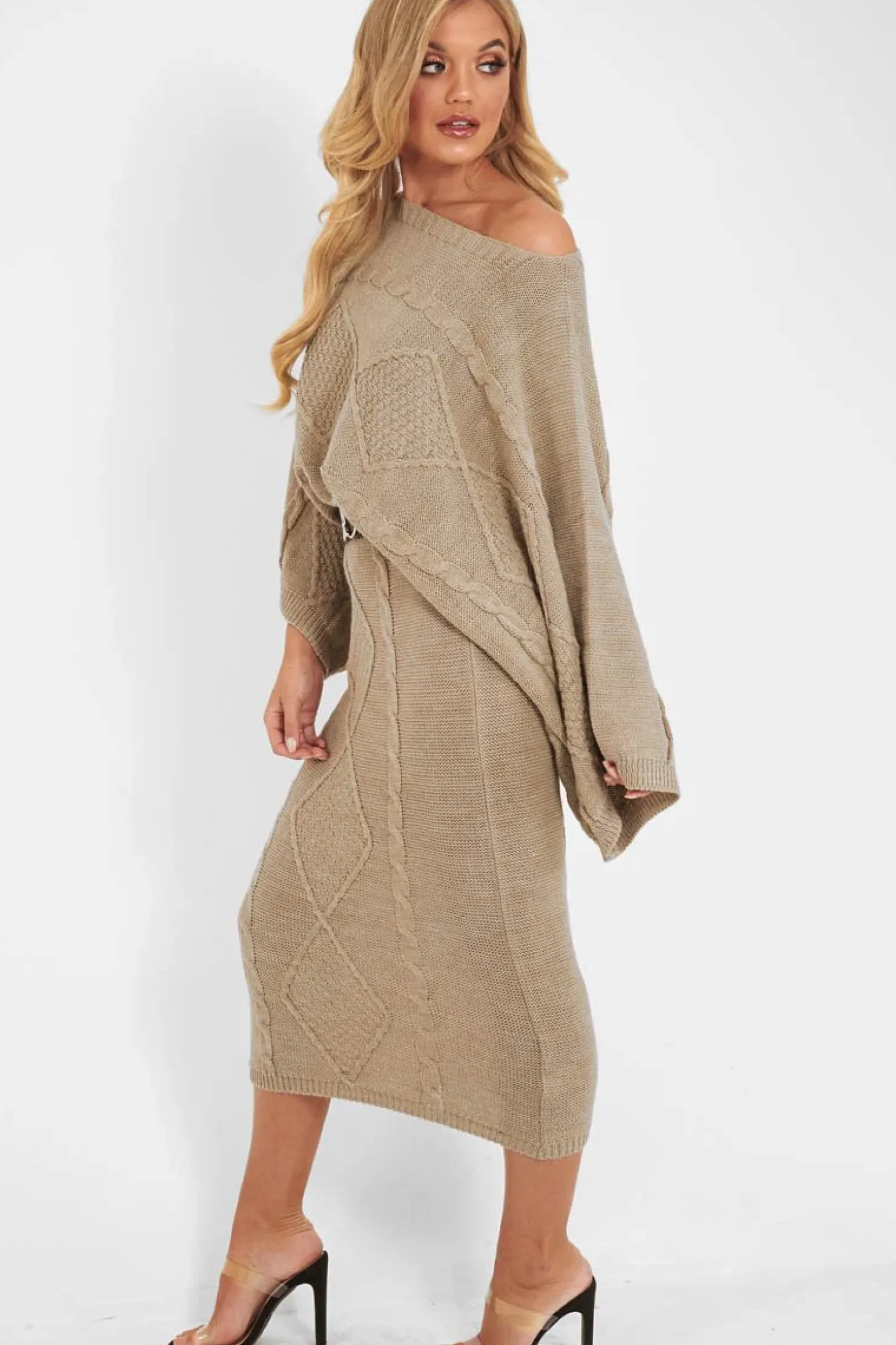 Rebellious Fashion Beige Cable Knit Jumper Midi Skirt Co-Ord - Mahari