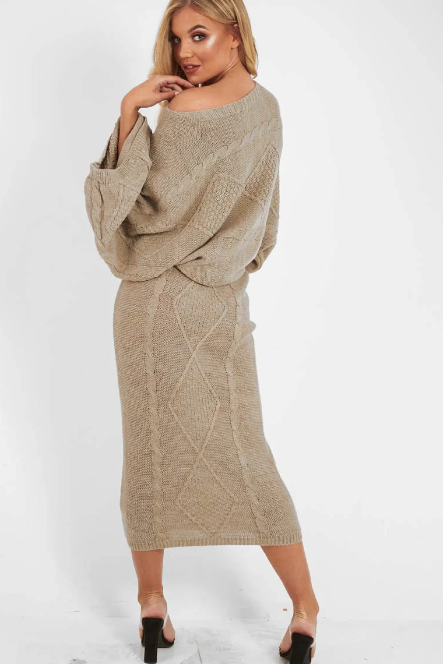 Rebellious Fashion Beige Cable Knit Jumper Midi Skirt Co-Ord - Mahari