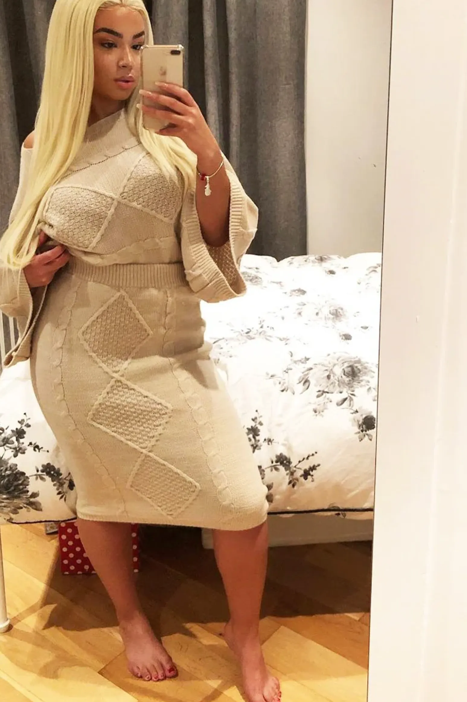 Rebellious Fashion Beige Cable Knit Jumper Midi Skirt Co-Ord - Mahari
