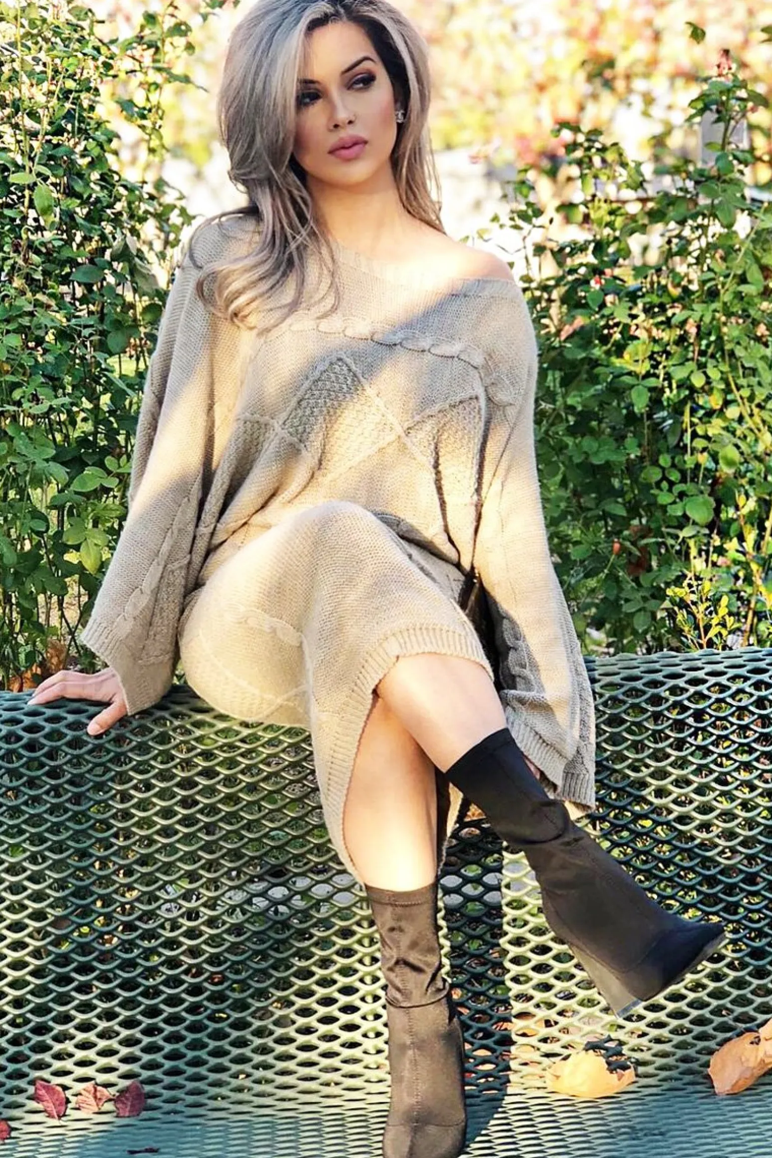 Rebellious Fashion Beige Cable Knit Jumper Midi Skirt Co-Ord - Mahari