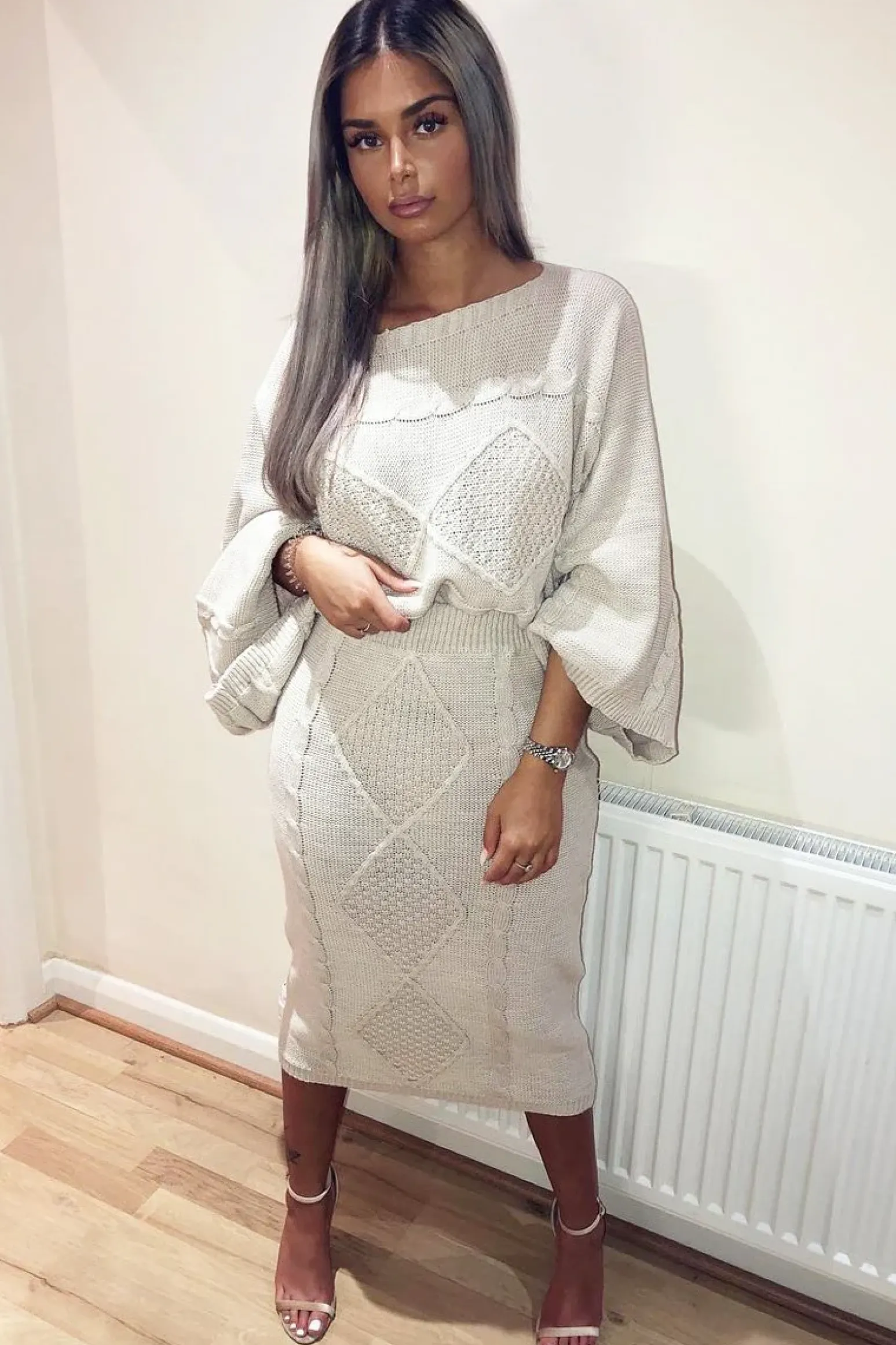 Rebellious Fashion Beige Cable Knit Jumper Midi Skirt Co-Ord - Mahari