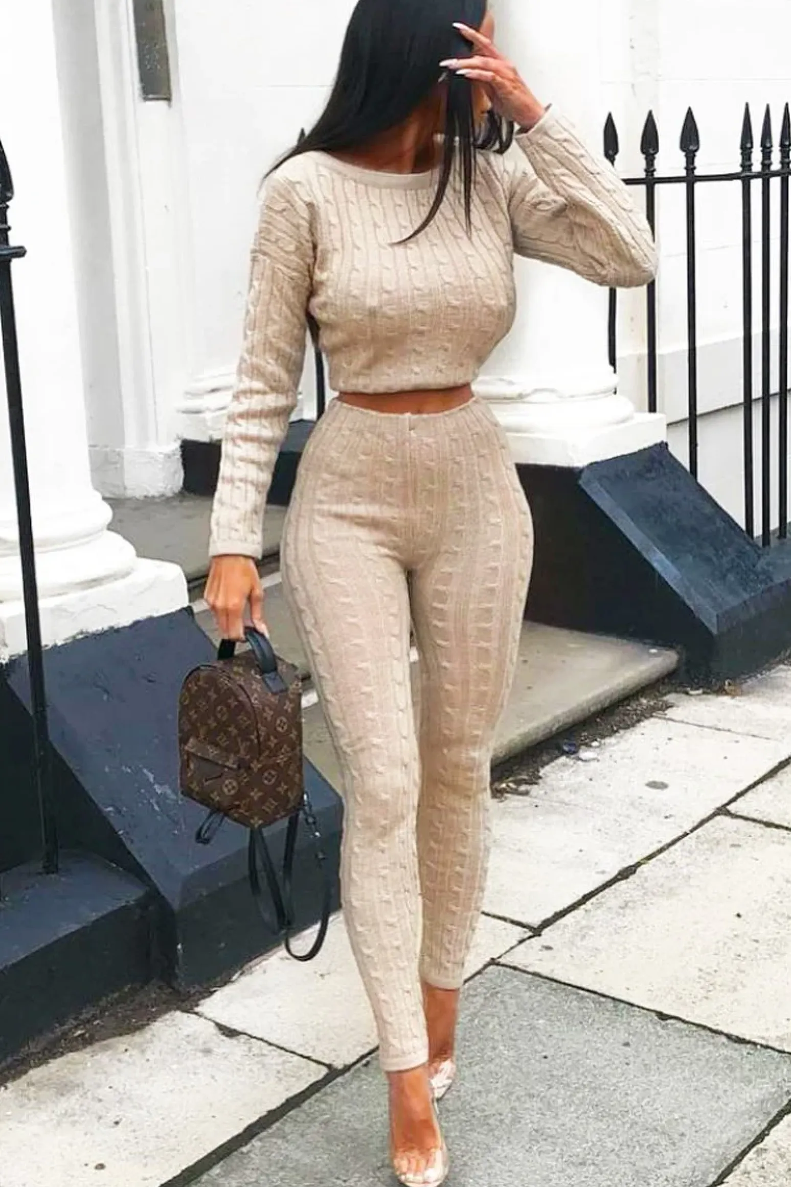 Rebellious Fashion Beige Cable Knit Loungewear Co-ord - Anha