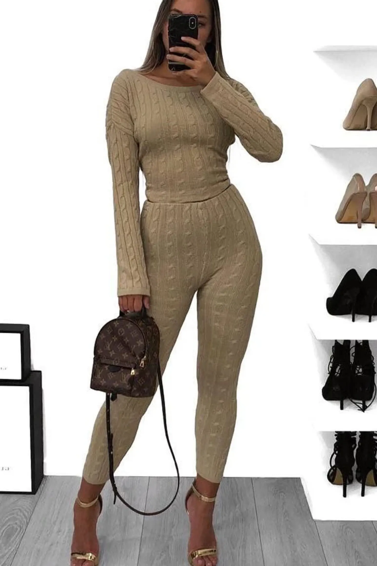 Rebellious Fashion Beige Cable Knit Loungewear Co-ord - Anha