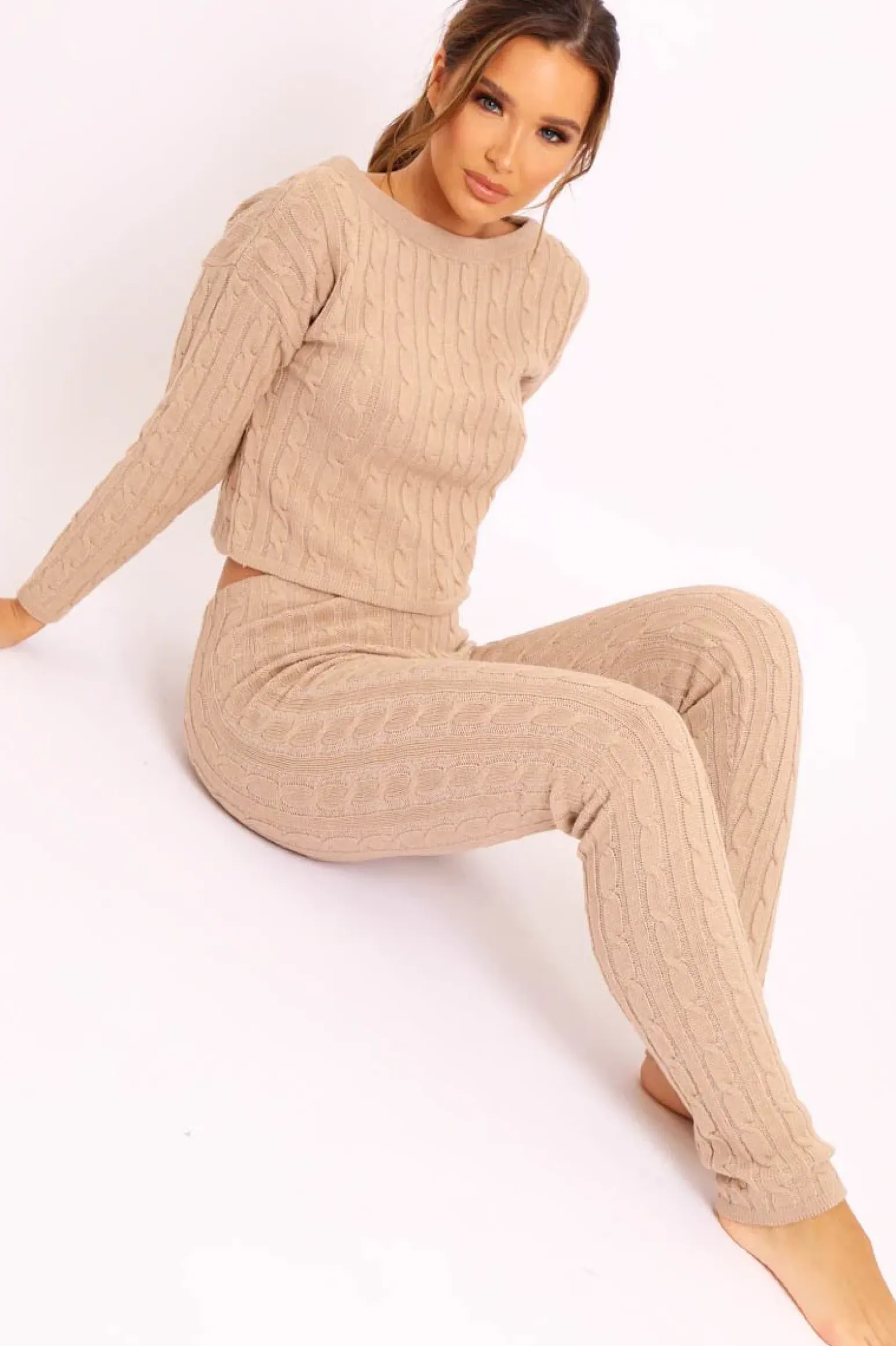 Rebellious Fashion Beige Cable Knit Loungewear Co-ord - Anha