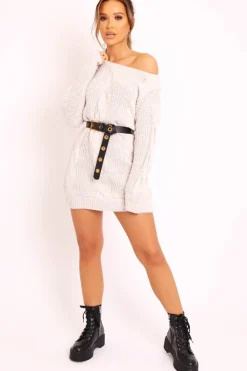 Rebellious Fashion Beige Cable Knit Off Shoulder Jumper Dress - Berry