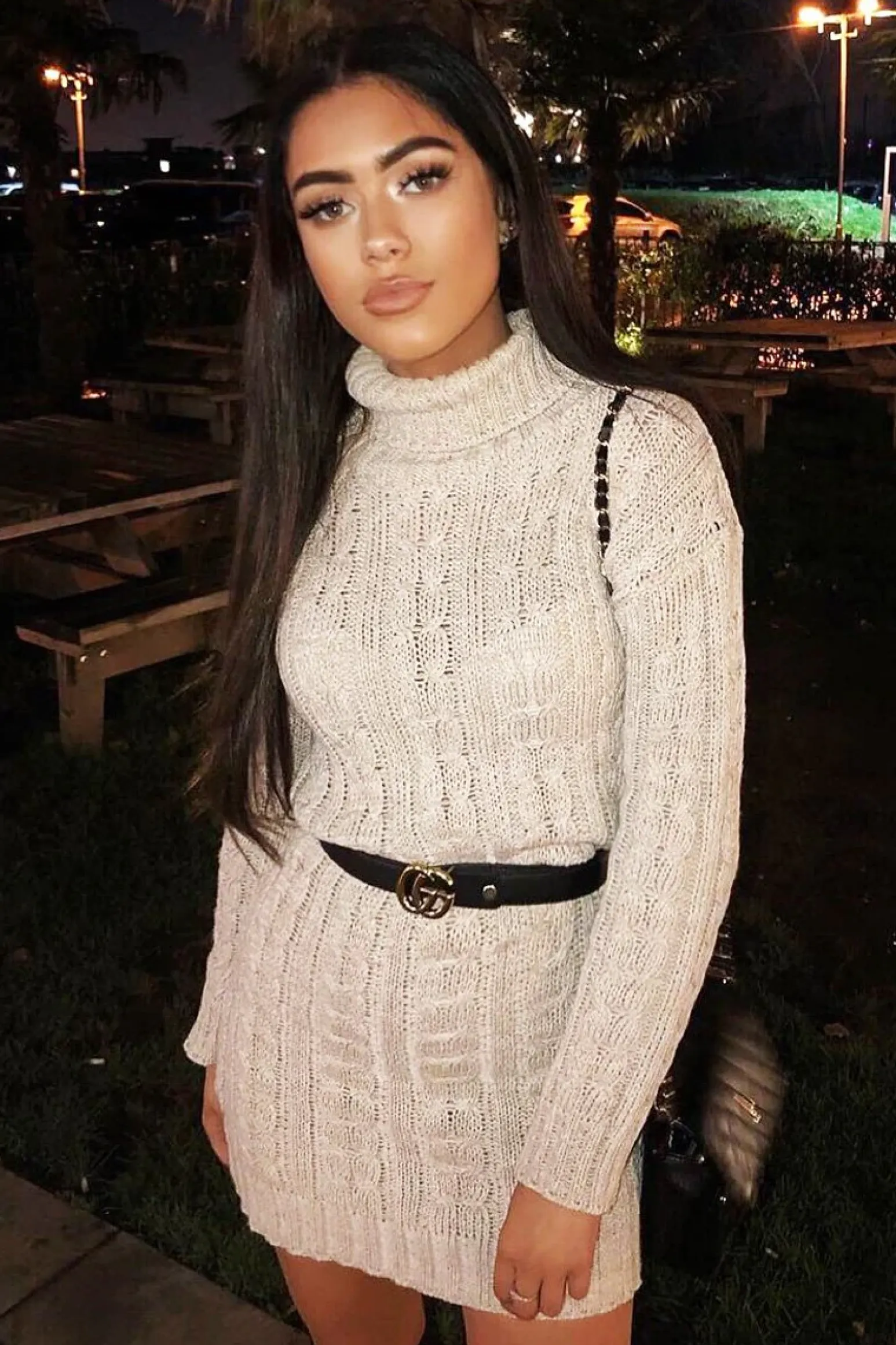 Rebellious Fashion Beige Cable Knit Roll Neck Jumper Dress - Matilda