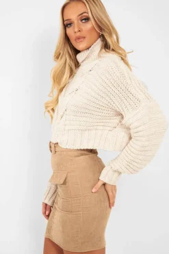 Rebellious Fashion Beige Cable Knit Sleeve Detail Jumper - Miyonna