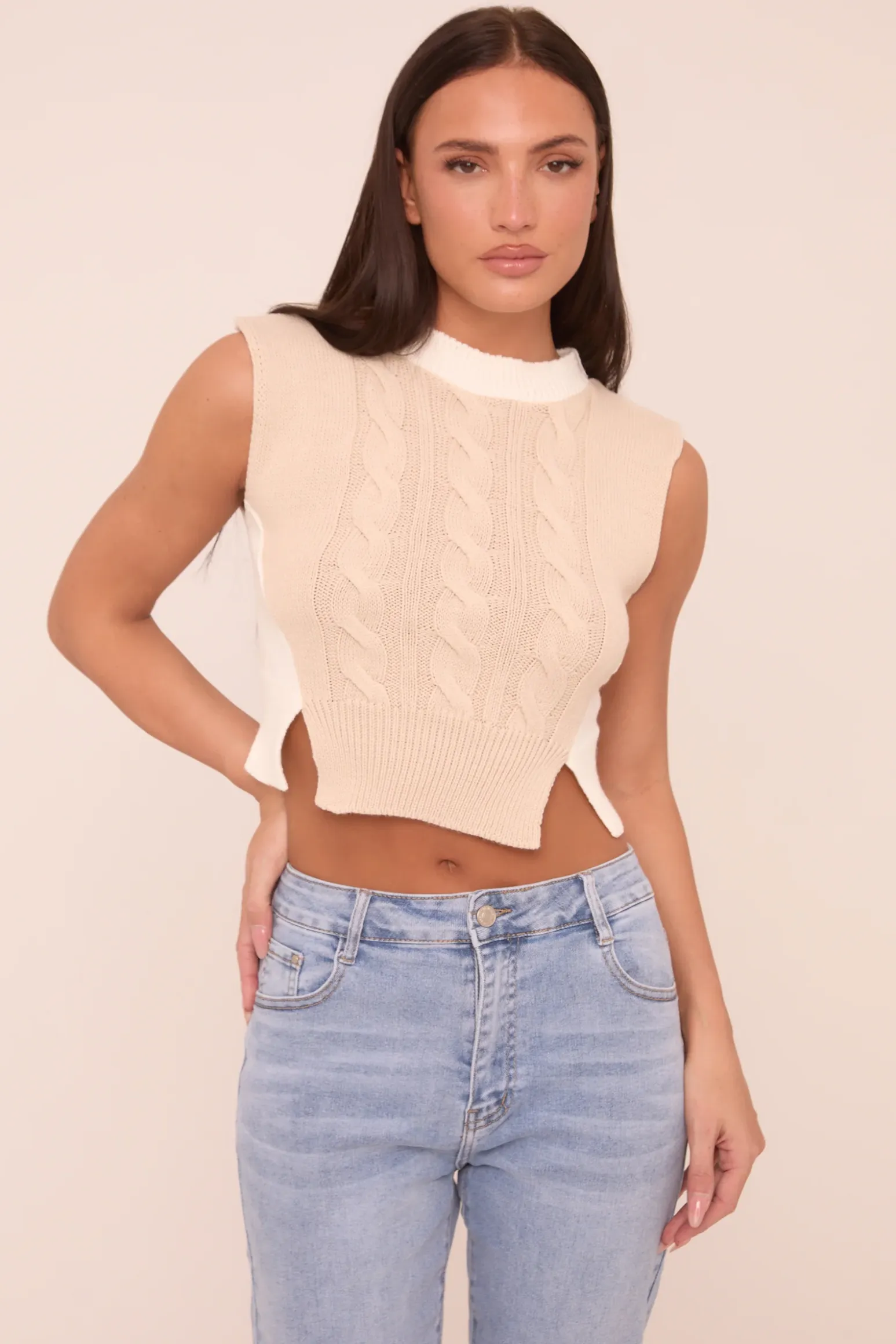 Rebellious Fashion Beige Cable Knit Sleeveless Cropped Jumper - Cleo
