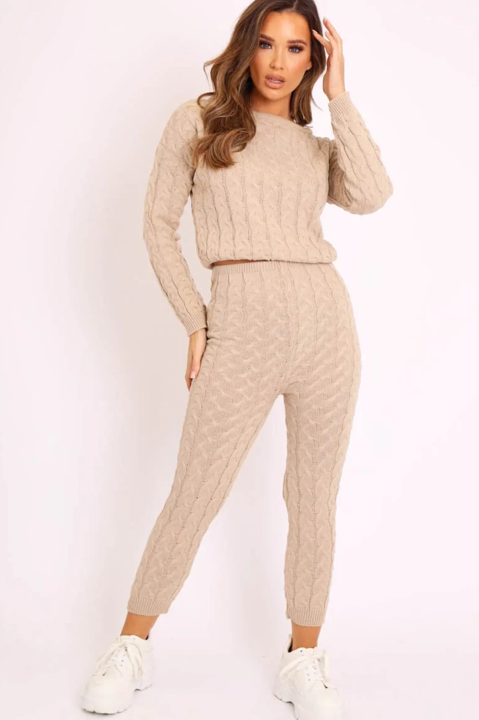 Rebellious Fashion Beige Cable Knit Sweater and Leggings Loungewear Co-ord - Ionia