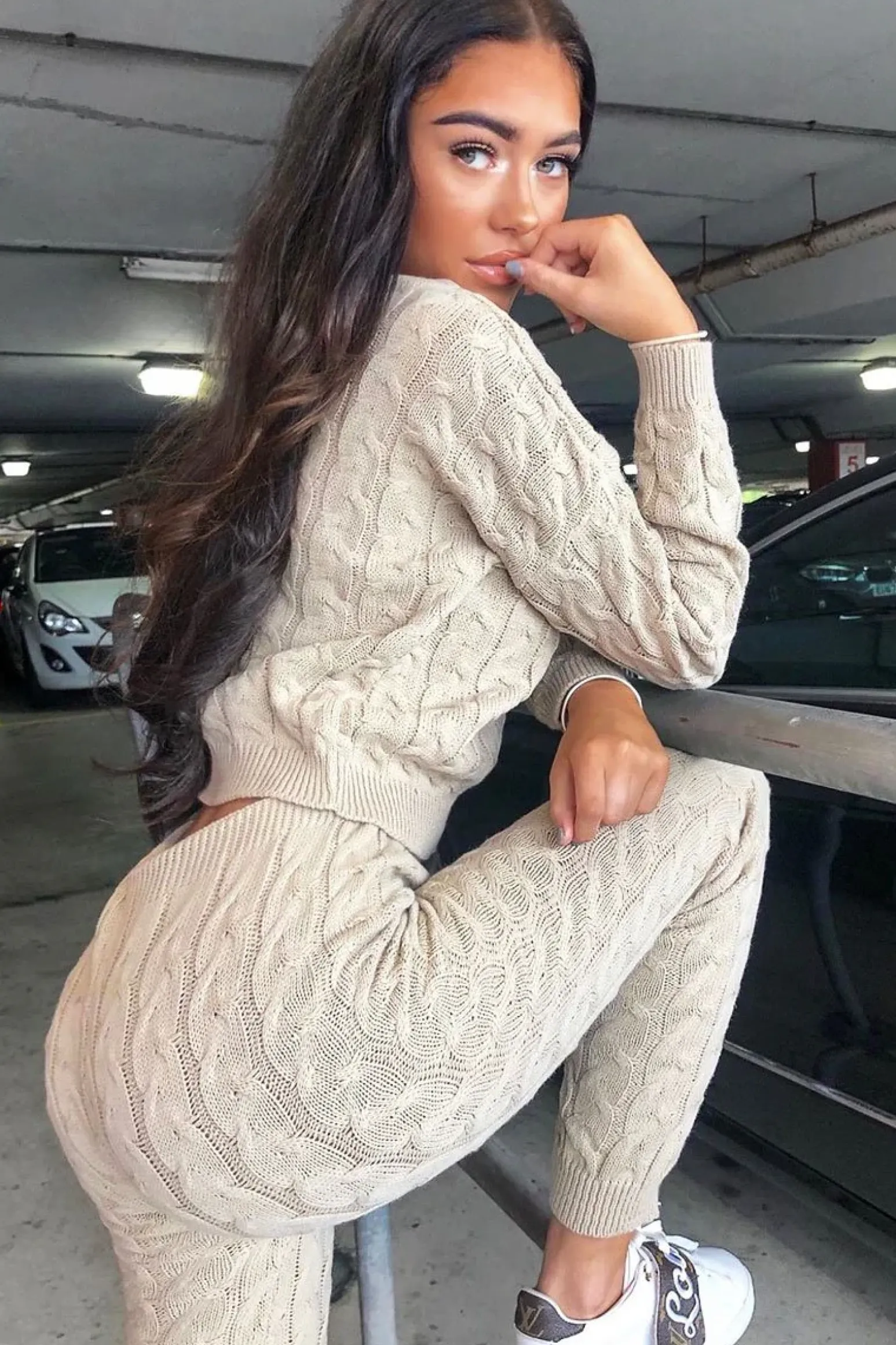 Rebellious Fashion Beige Cable Knit Sweater and Leggings Loungewear Co-ord - Ionia