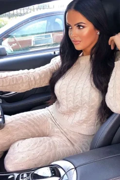 Rebellious Fashion Beige Cable Knit Sweater and Leggings Loungewear Co-ord - Ionia