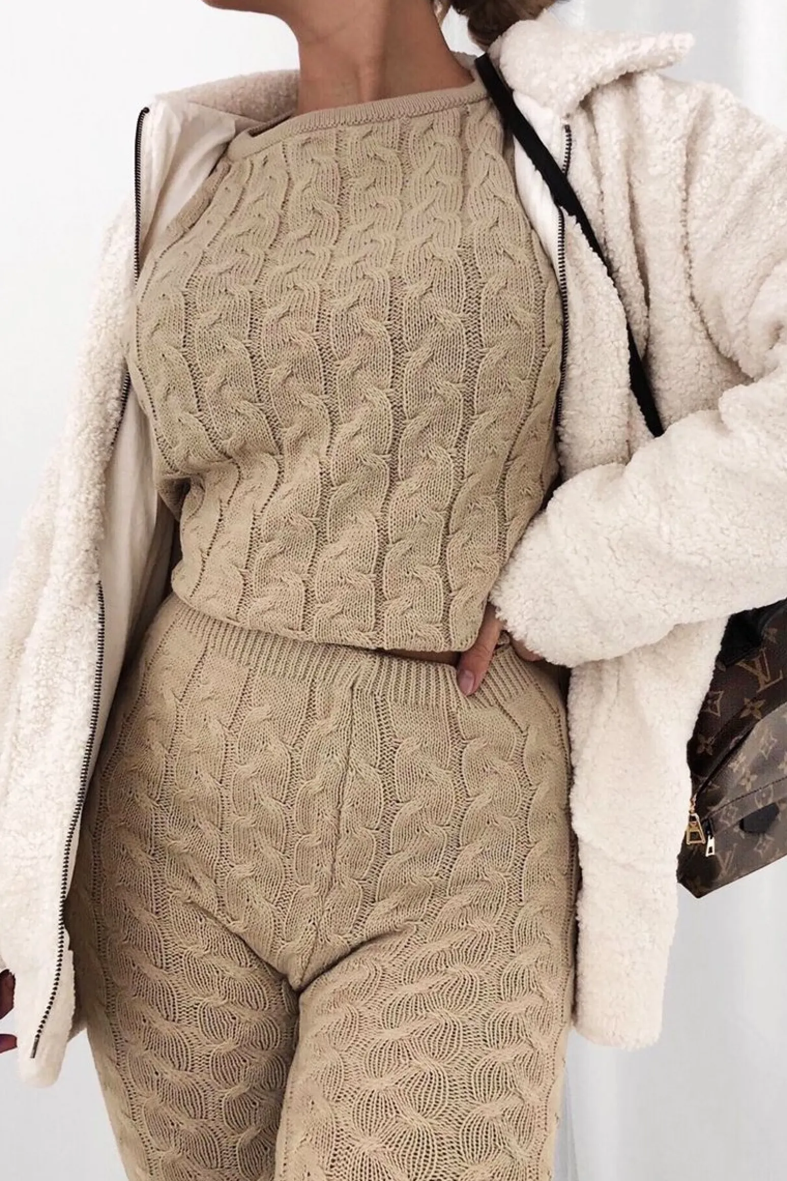 Rebellious Fashion Beige Cable Knit Sweater and Leggings Loungewear Co-ord - Ionia