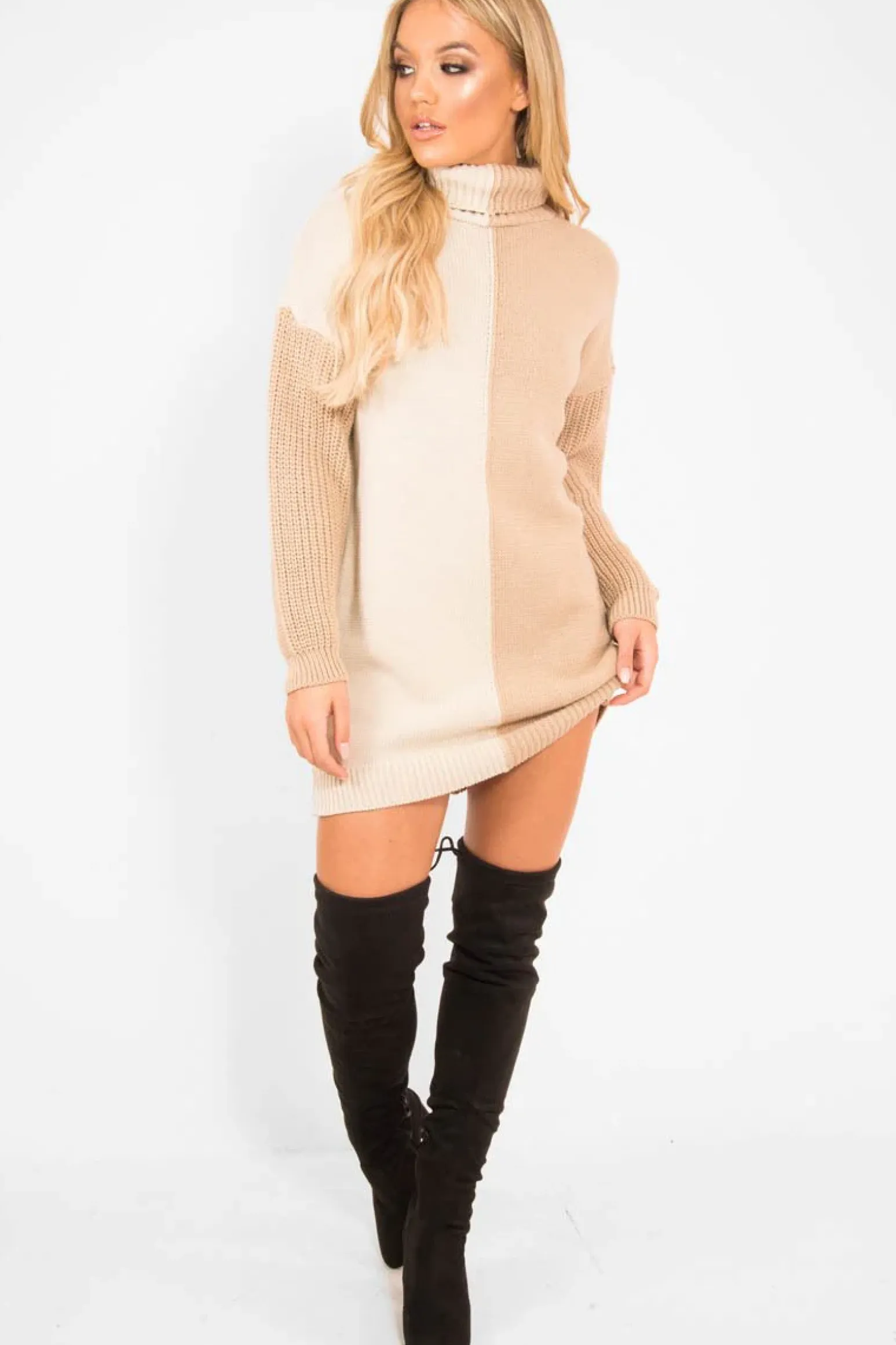 Rebellious Fashion Beige Camel Colour Block Roll Neck Jumper - Milie