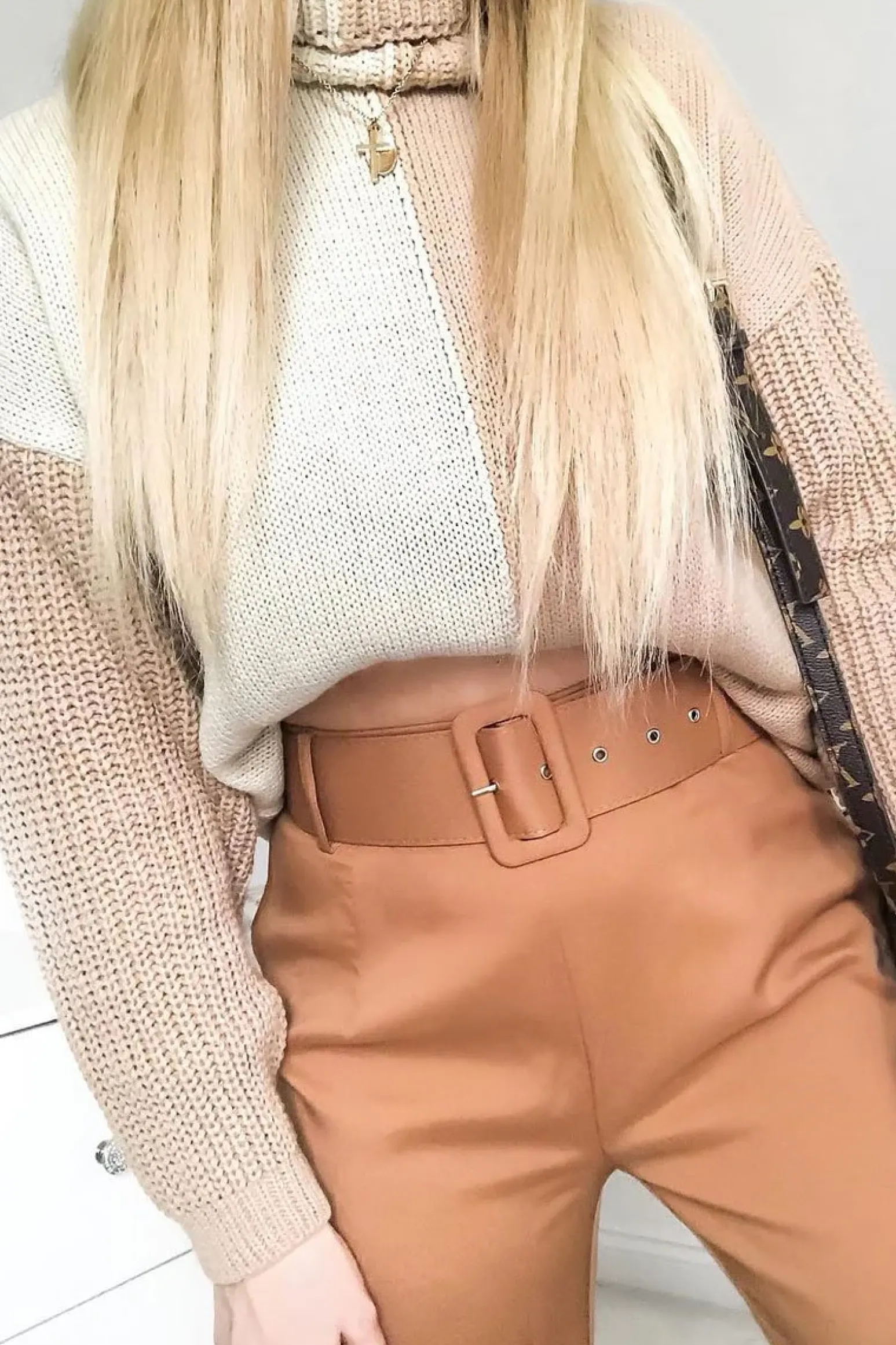 Rebellious Fashion Beige Camel Colour Block Roll Neck Jumper - Milie
