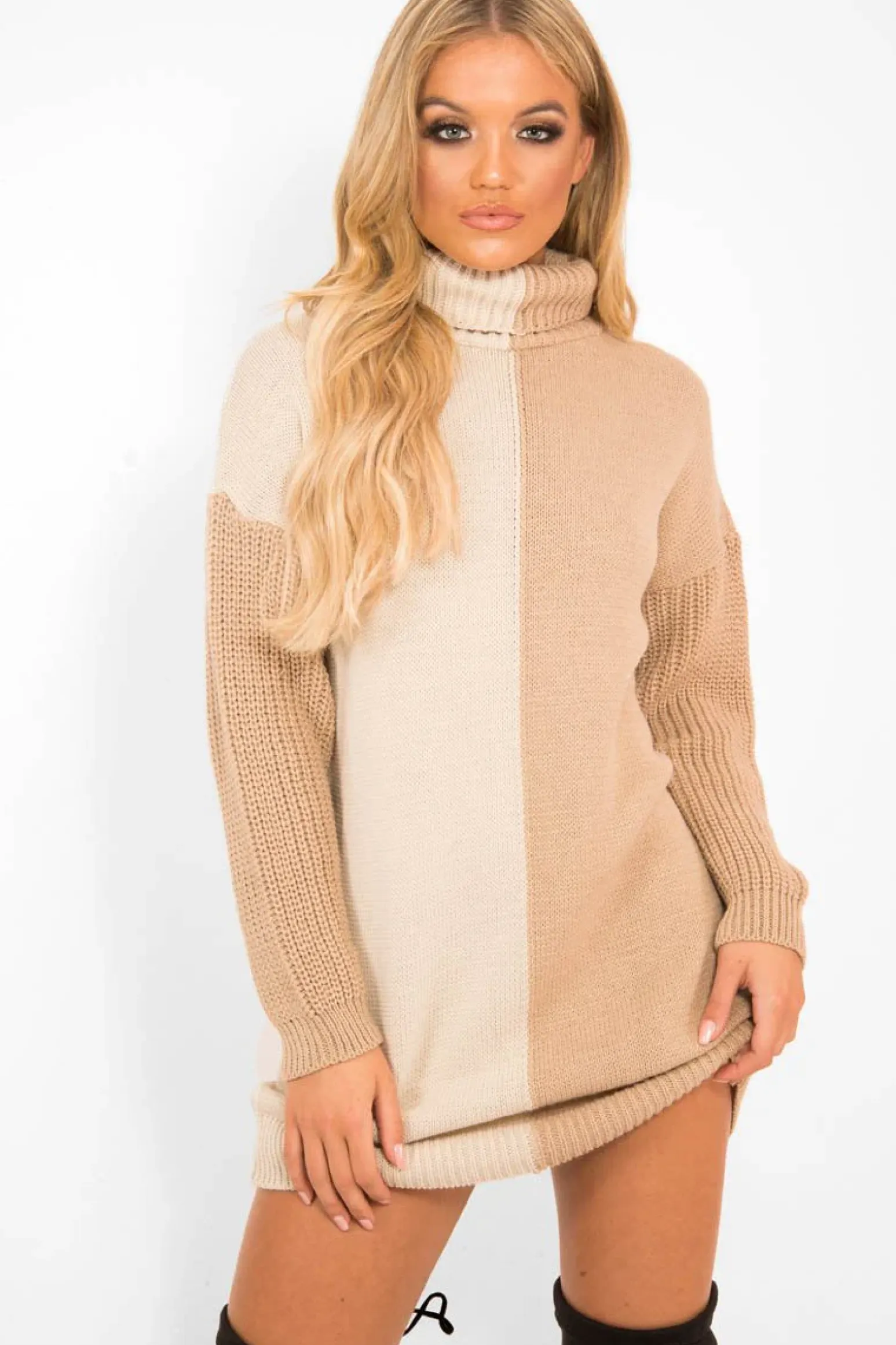 Rebellious Fashion Beige Camel Colour Block Roll Neck Jumper - Milie