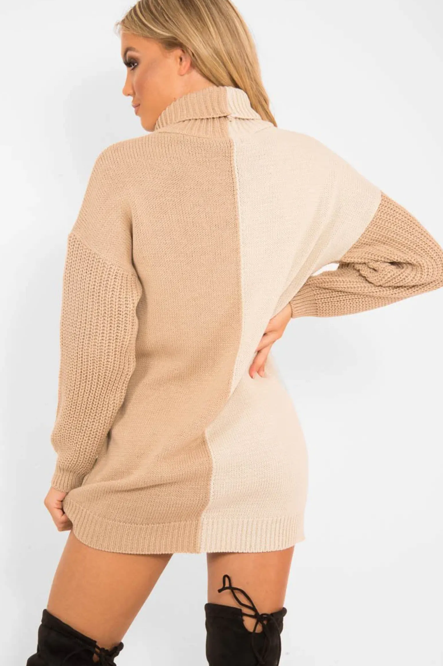 Rebellious Fashion Beige Camel Colour Block Roll Neck Jumper - Milie