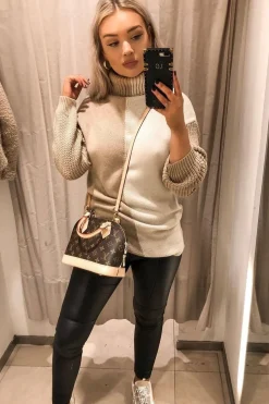 Rebellious Fashion Beige Camel Colour Block Roll Neck Jumper - Milie
