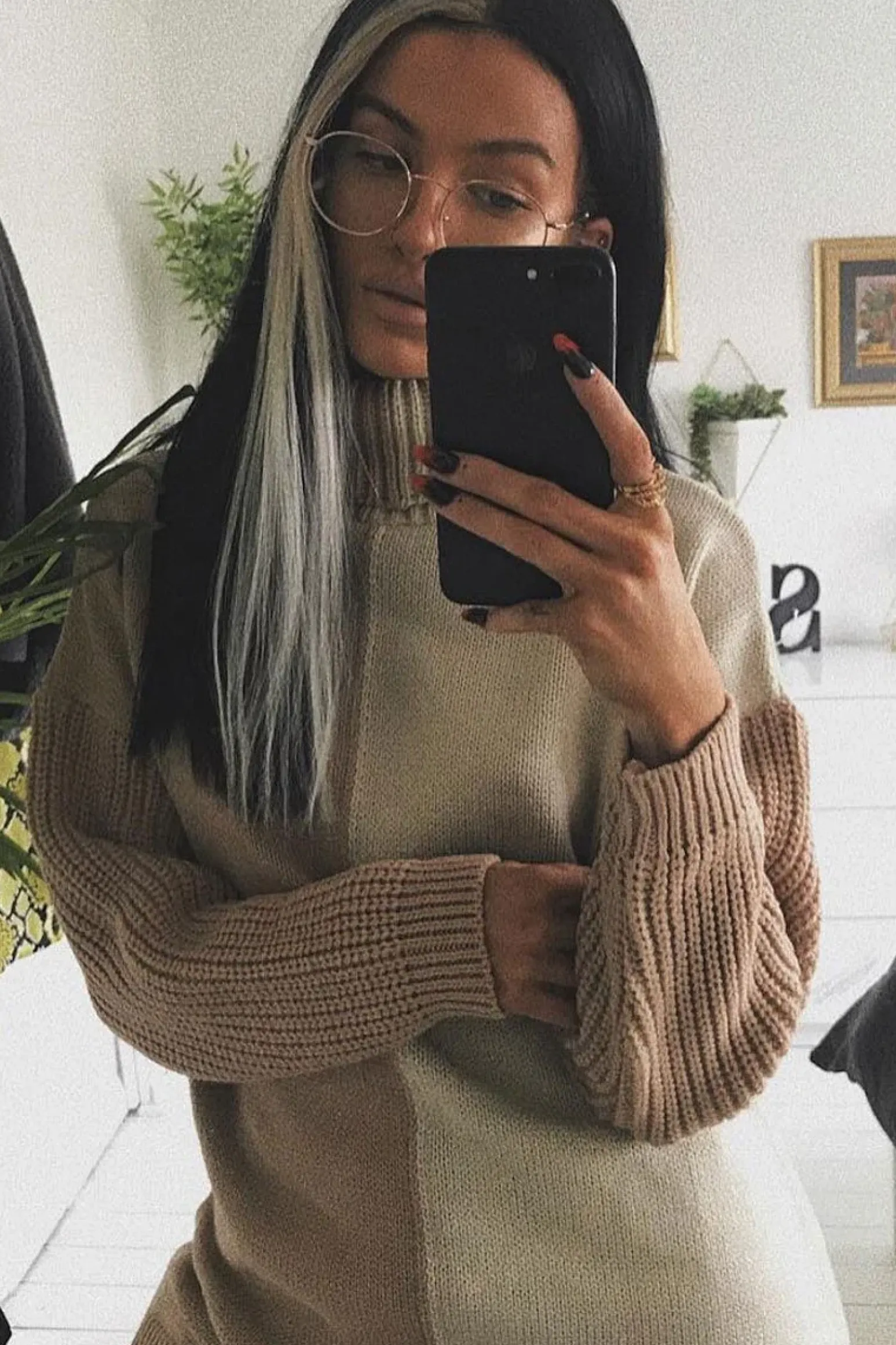 Rebellious Fashion Beige Camel Colour Block Roll Neck Jumper - Milie