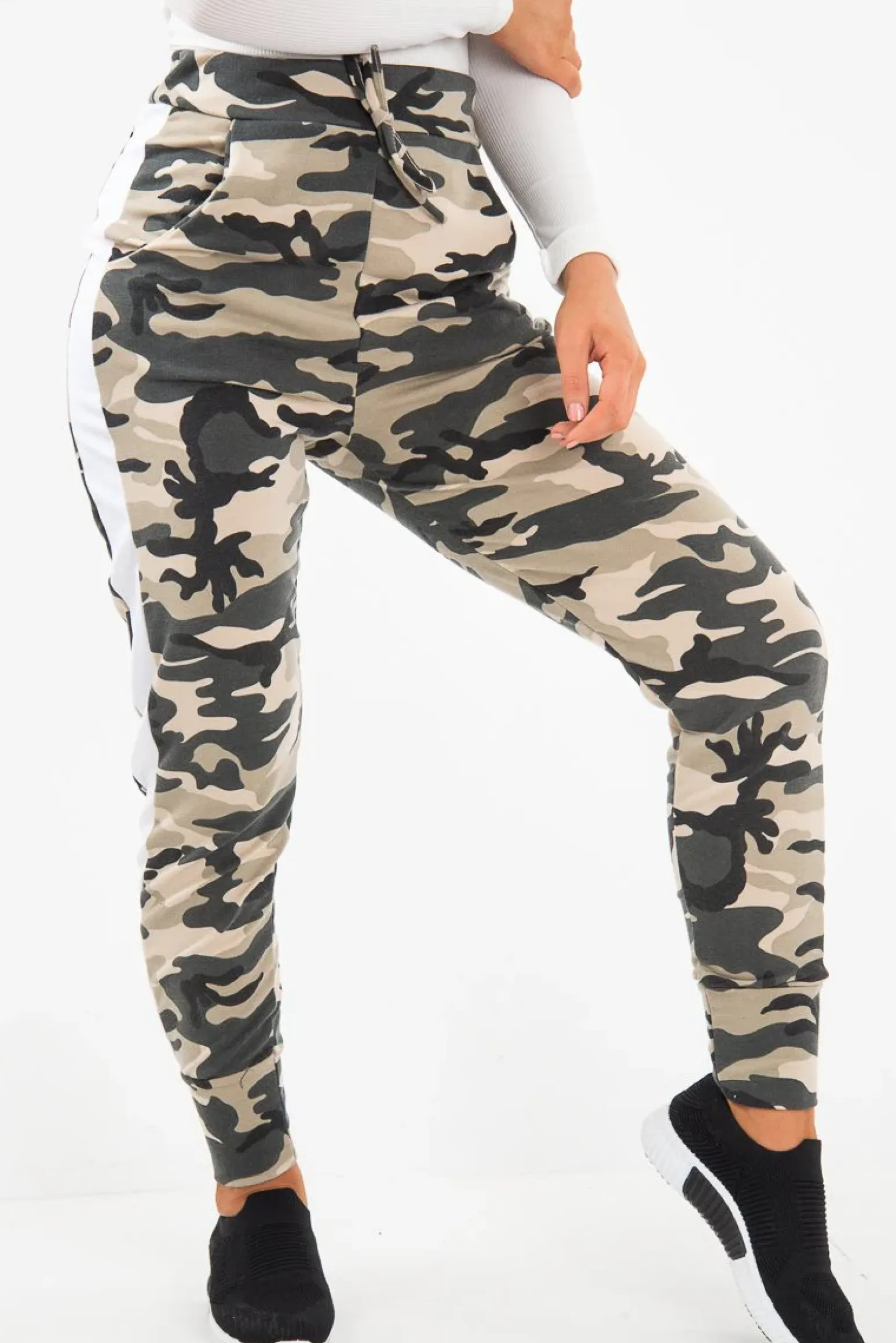 Rebellious Fashion Beige Camouflage Print Side Stripe Joggers - Shannen