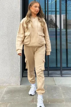 Rebellious Fashion Beige Cargo Pocket Hoodie and Joggers Tracksuit - Aafiya