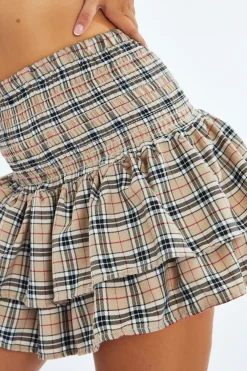 Rebellious Fashion Beige Checked Shirred Waist Tiered Rara Skirt - Delilah