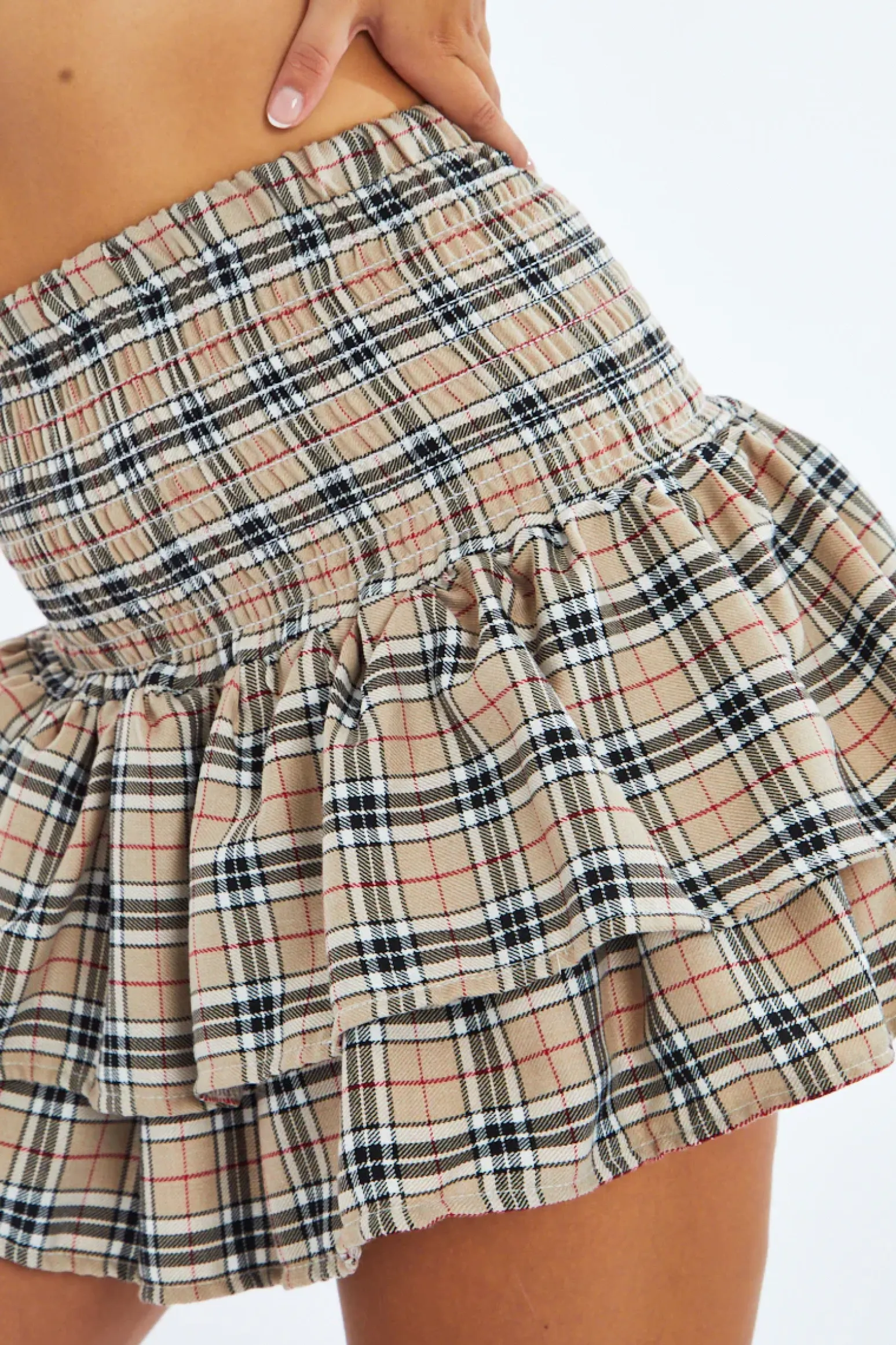 Rebellious Fashion Beige Checked Shirred Waist Tiered Rara Skirt - Delilah