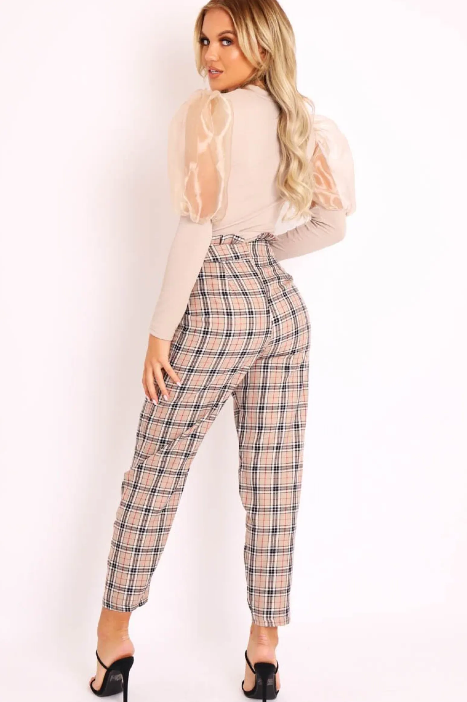 Rebellious Fashion Beige Check Frill Detail Trousers - Bristal