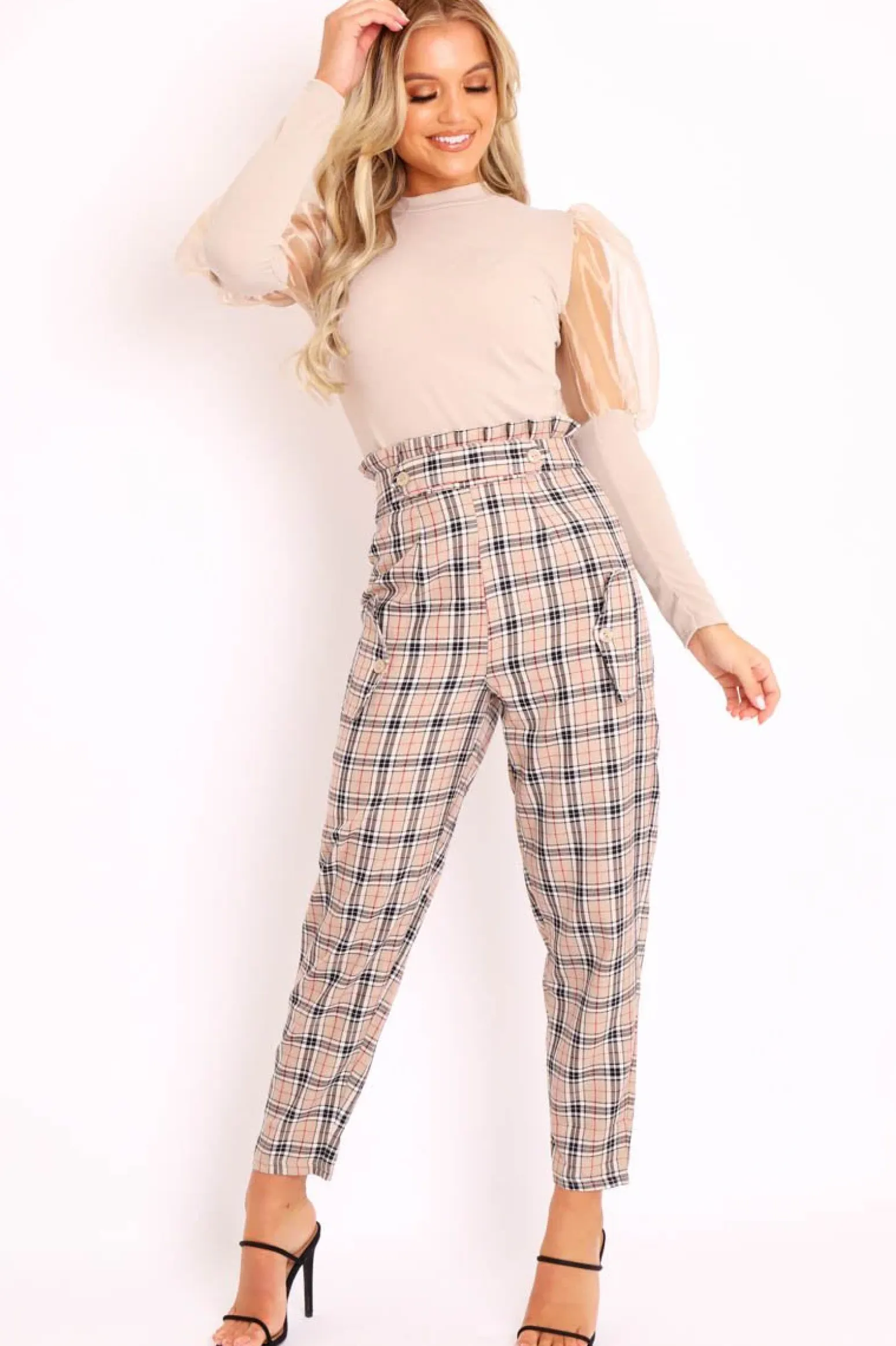 Rebellious Fashion Beige Check Frill Detail Trousers - Bristal