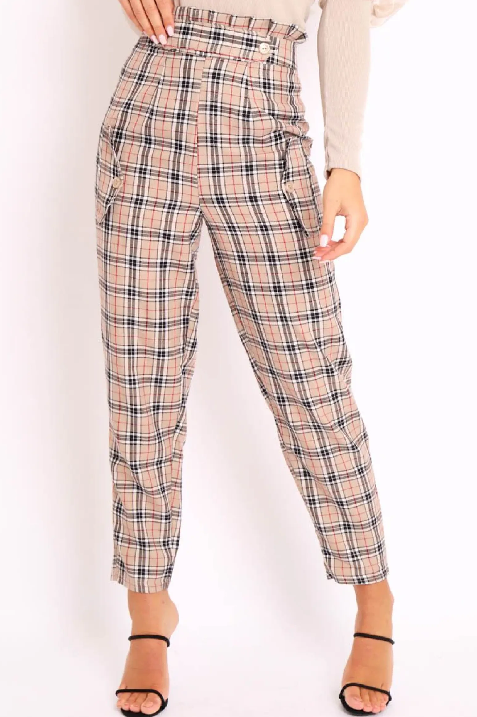 Rebellious Fashion Beige Check Frill Detail Trousers - Bristal