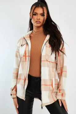 Rebellious Fashion Beige Check Hooded Shacket - Destyn