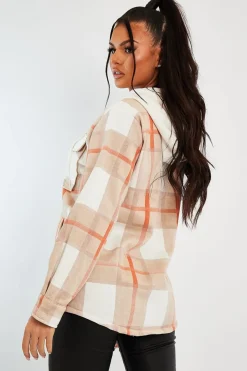Rebellious Fashion Beige Check Hooded Shacket - Destyn