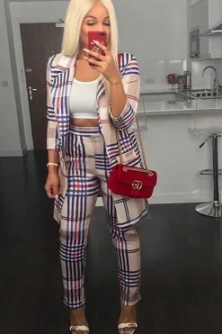 Rebellious Fashion Beige Check Long Line Blazer - Trudey
