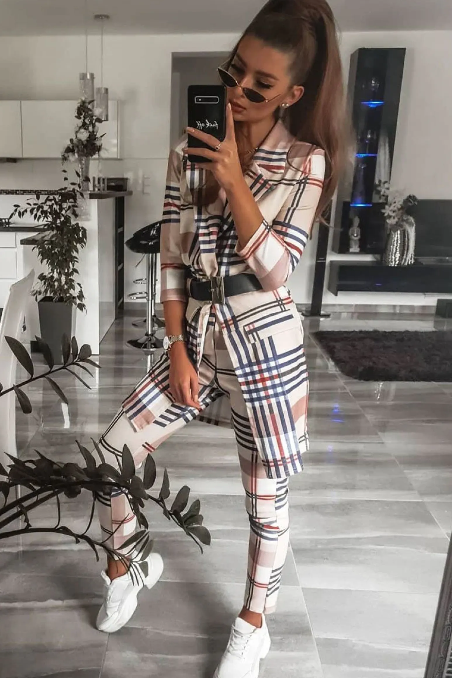 Rebellious Fashion Beige Check Long Line Blazer - Trudey