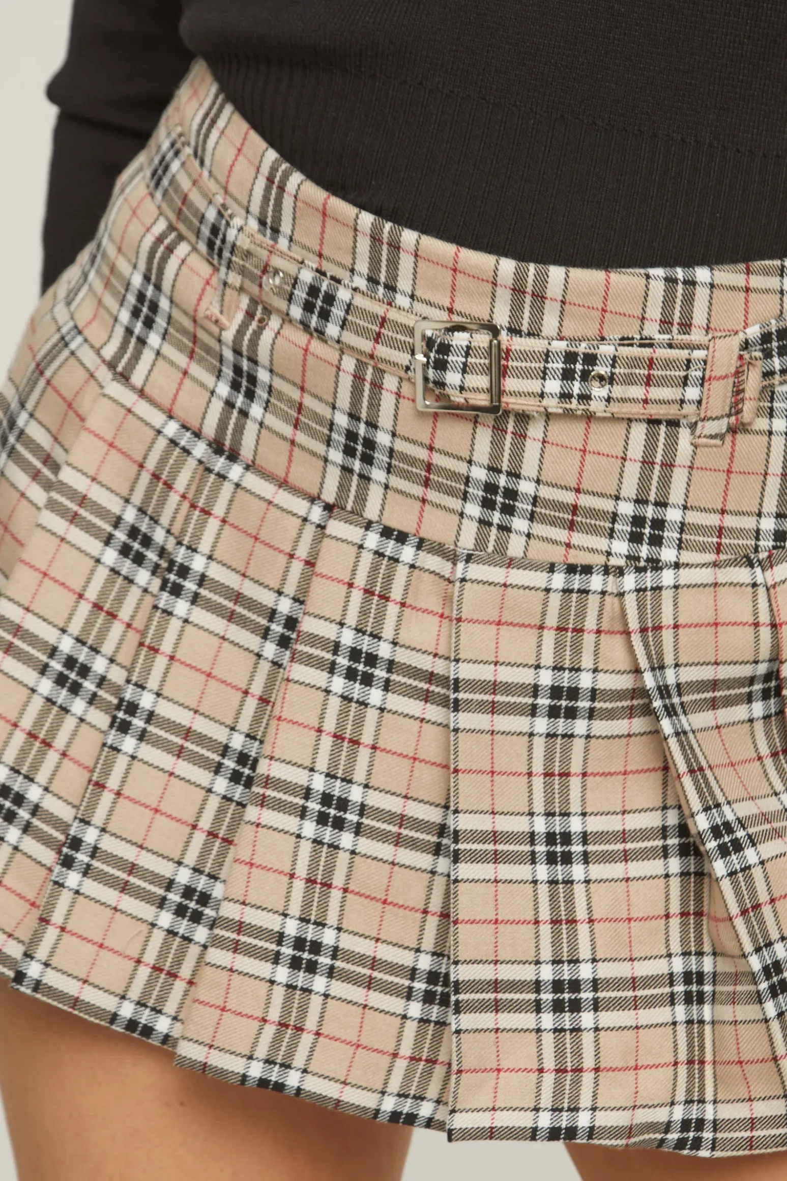 Rebellious Fashion Beige Check Print Belt Detail Pleated Mini Skirt - Esraa