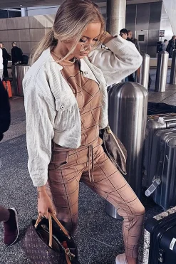 Rebellious Fashion Beige Check Short Sleeve Top and Jogger Set - Aimy